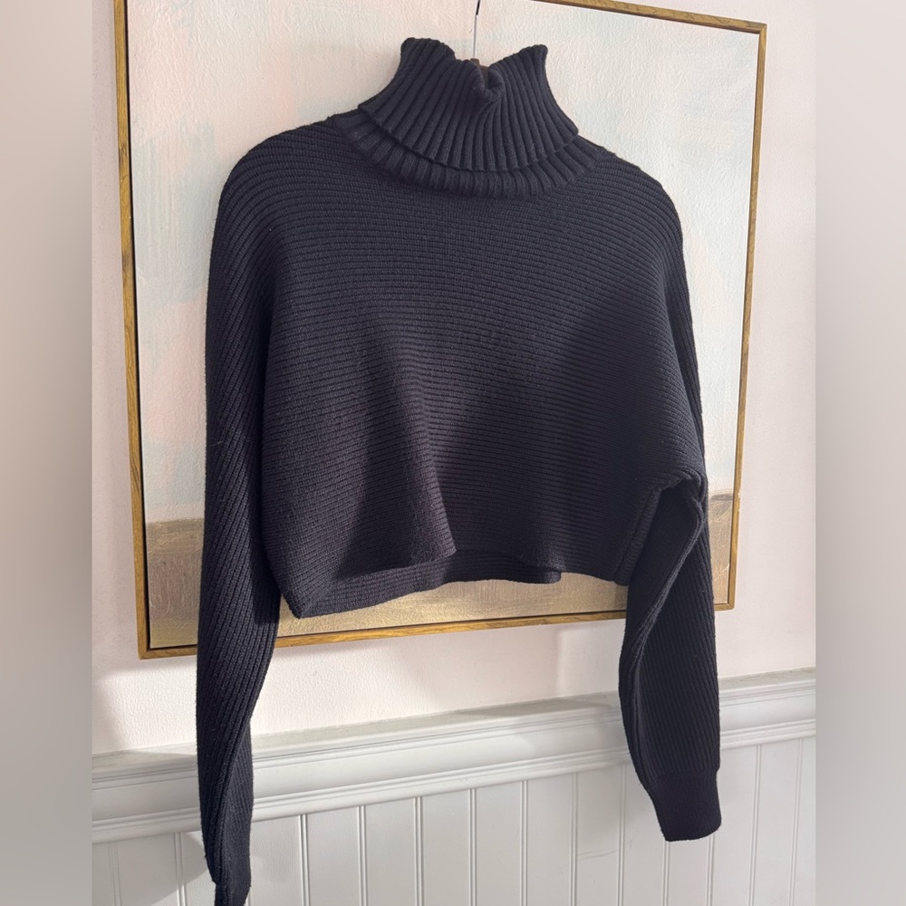 House of Harlow 1960 Black Ribbed Cropped Turtleneck Sweater - M - Picture 5 of 7